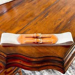 Tan and brown two buckle cloth and leather stretch belt